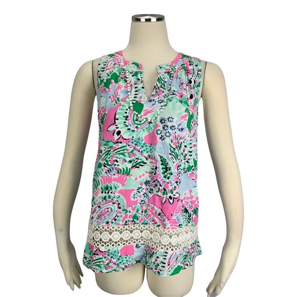 Crown & Ivy PS Top NWT Petite Small Pink Green Pom Crochet Icon Peasant Sleevele - Picture 1 of 7